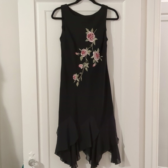 90s Y2K handkerchief hem asymmetrical hem rose embroidered little black dress - Picture 1 of 5